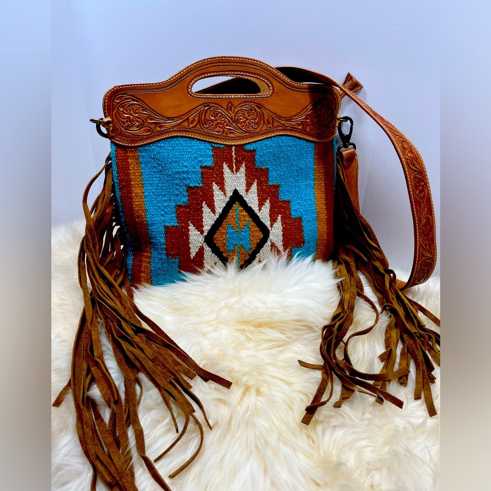 American Darling Tooled Leather Fringe Saddle Blanket Aztec Turquoise Crossbody